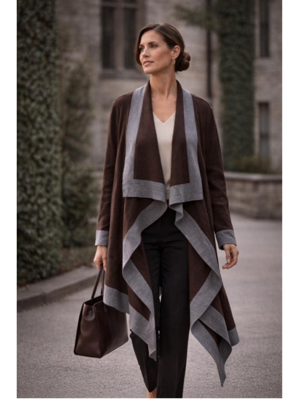 St John Collection Cardigan Women L Wool Waterfall Draped Knit Minimalist Brown